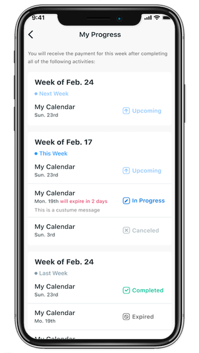 A history sample of activity sessions of a participant's dashboard.