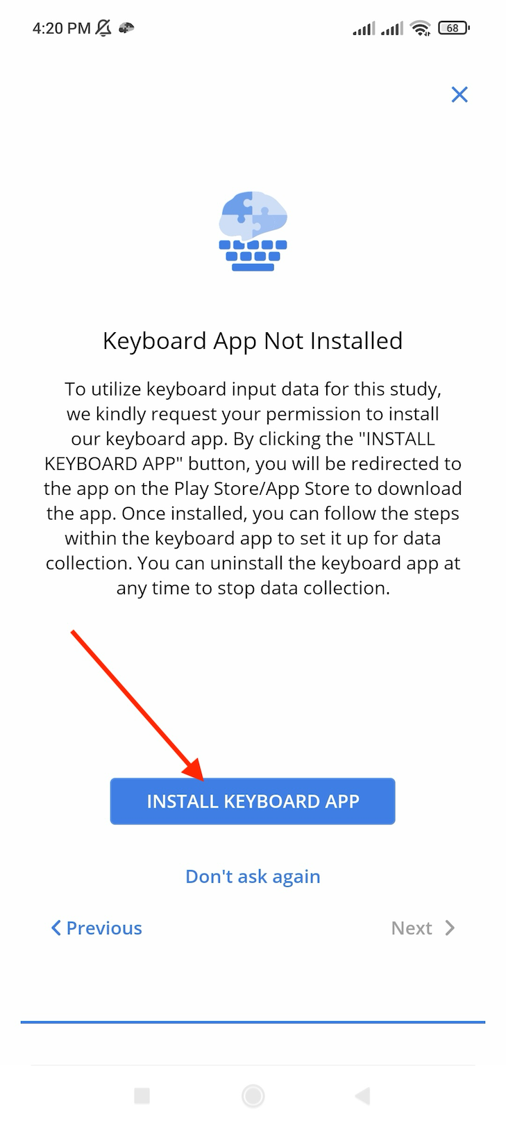 Onboarding alert for installing Avicenna Keyboard