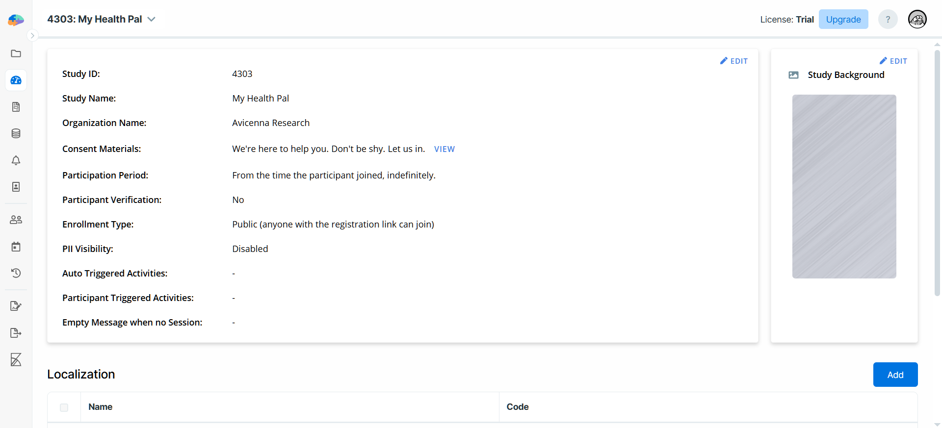 Basics page for a newly created study in Avicenna