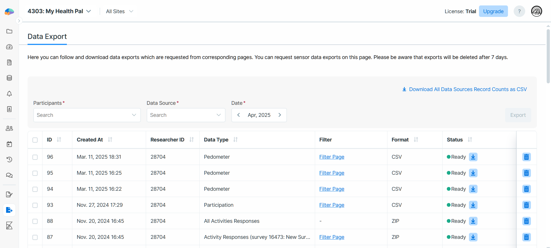 Data Export page in Avicenna Researcher Dashboard