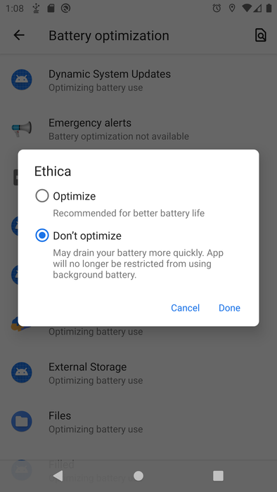 Battery Optimization screen - Don't Optimize option