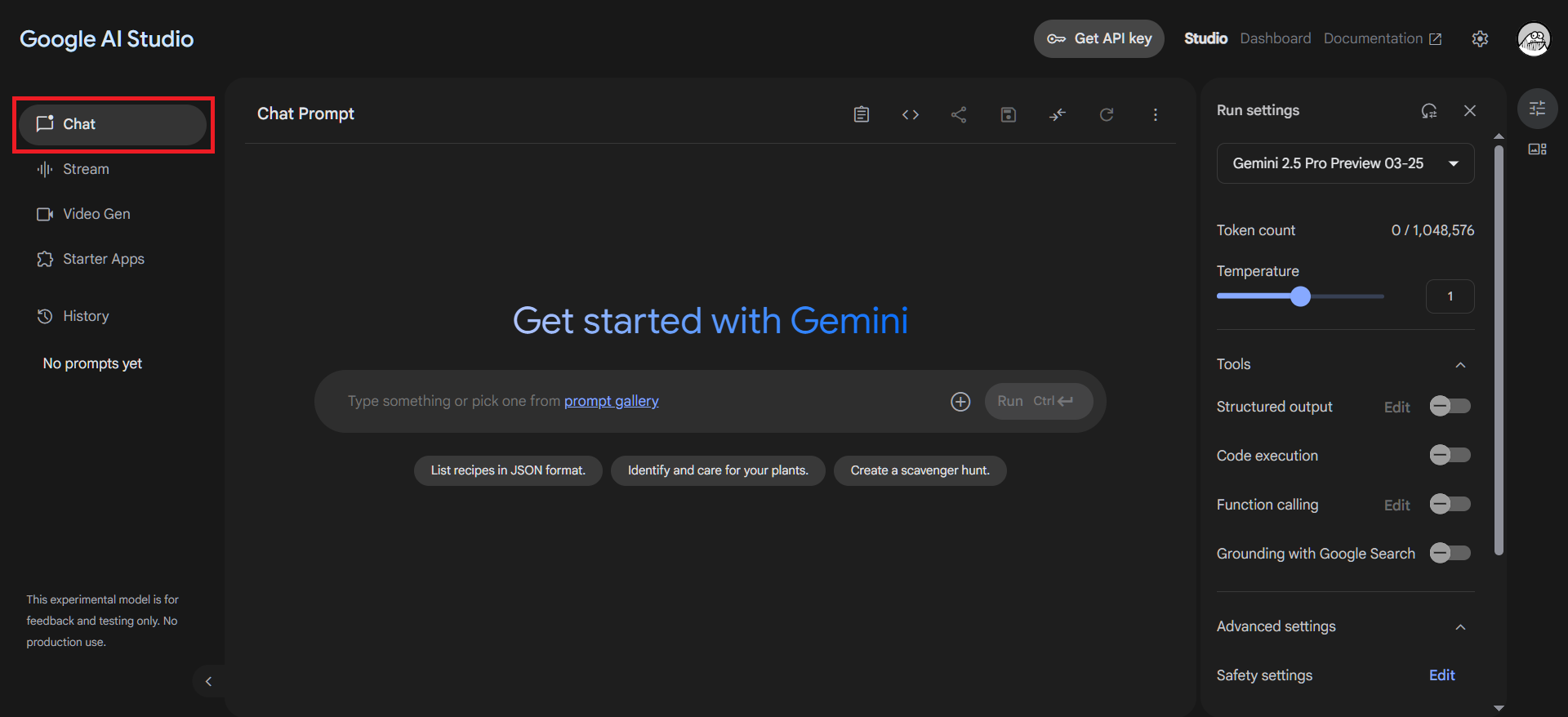 Google AI Studio's Chat page