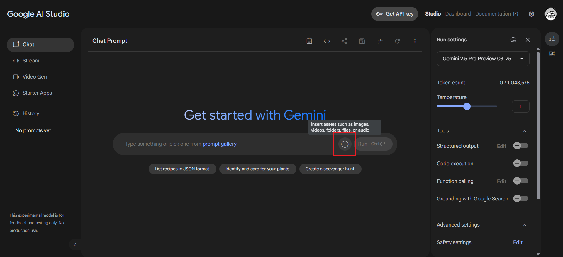 "Insert" button in Google AI Studio