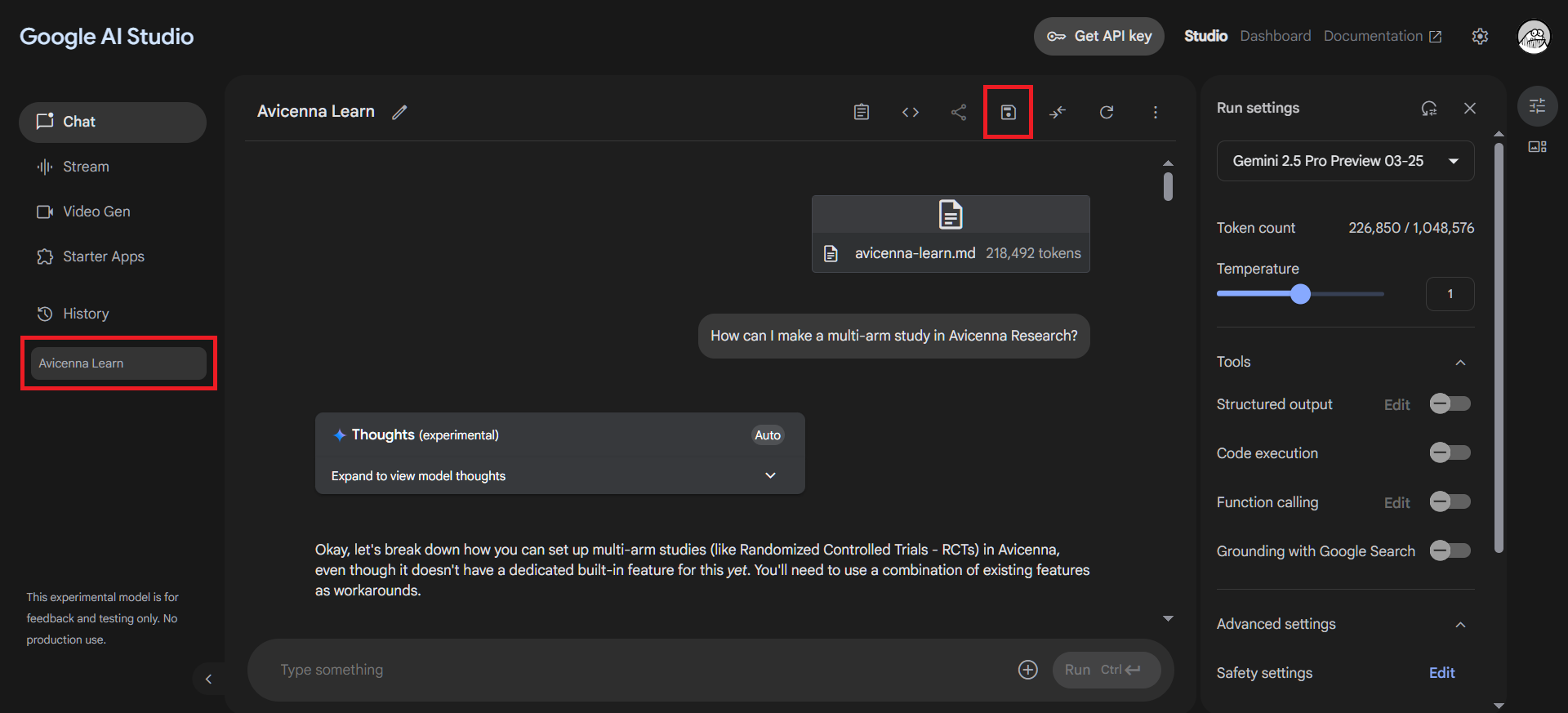 "Save" button in Google AI Studio