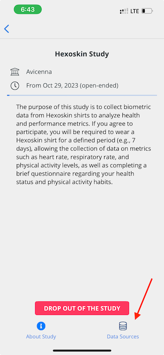 Study's Data Sources page in the Avicenna app