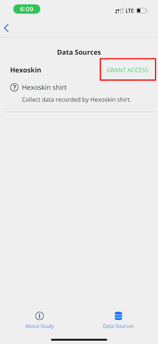 Granting access to Hexoskin on the Data Sources page