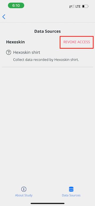 Revoking access to Hexoskin on the Data Sources page