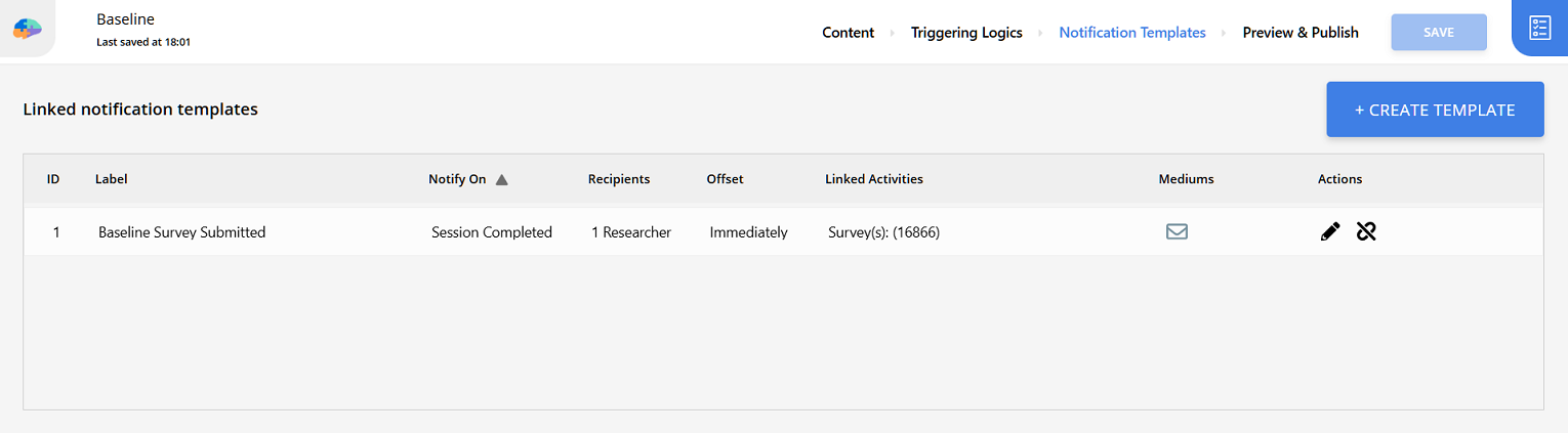 Activity editor with a &quot;Session Completed&quot; notification template linked