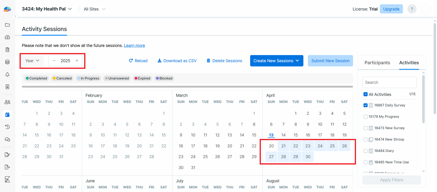 Activity Sessions in &quot;Year&quot; view with the generated sessions