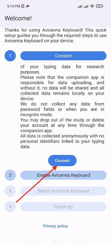 Avicenna Keyboard Consent step on Android