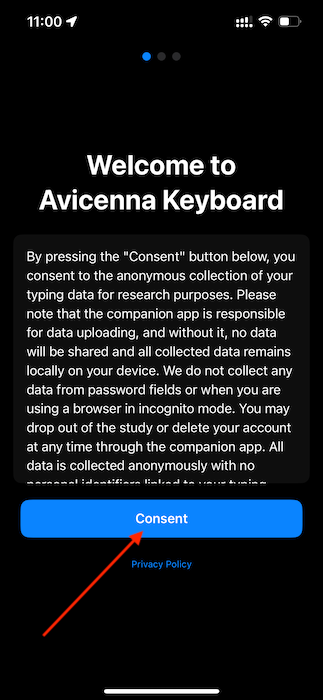 Avicenna Keyboard Consent screen on iOS