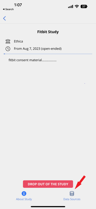 Study's Data Sources page in the Avicenna app