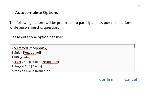Text Question Autocomplete Options