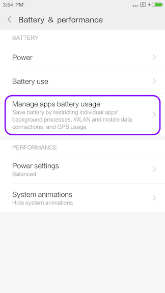 Manage Apps Battery Usage Screen