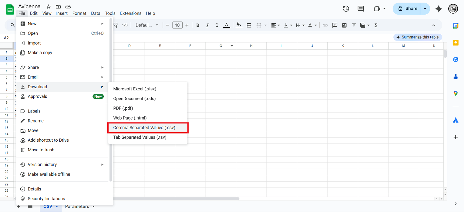 Downloading the CSV sheet