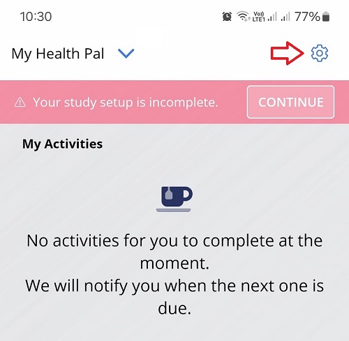 Settings button in the top-right corner of the app