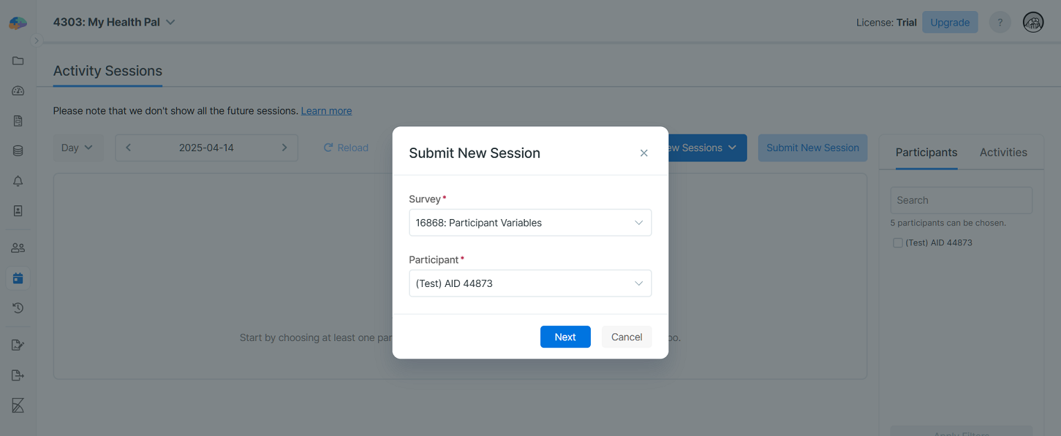 Create a new session for the "Participant Variables" survey