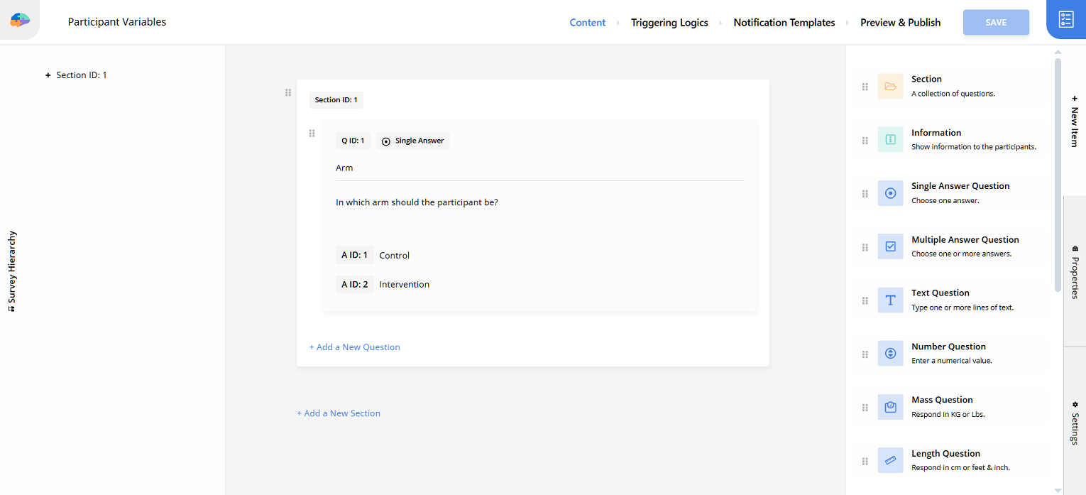 "Participant Variables" survey's arm question
