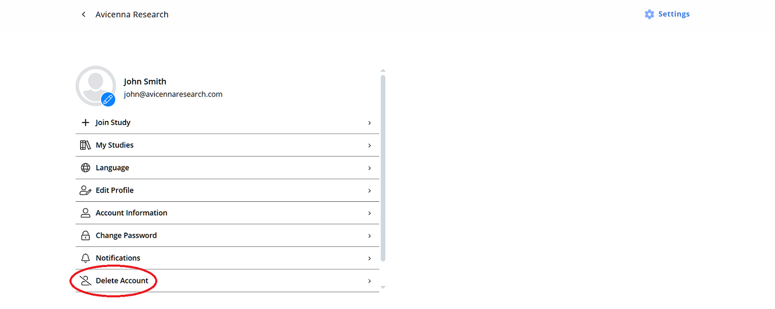 Delete Account Menu Item