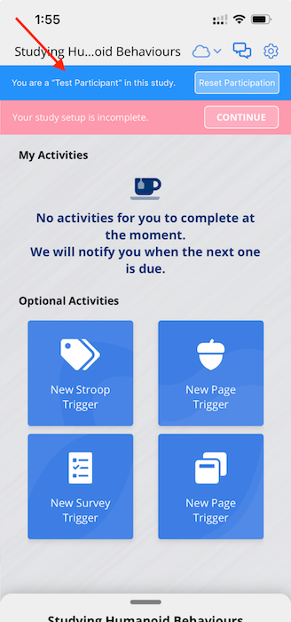 Test participant banner on the study's homepage