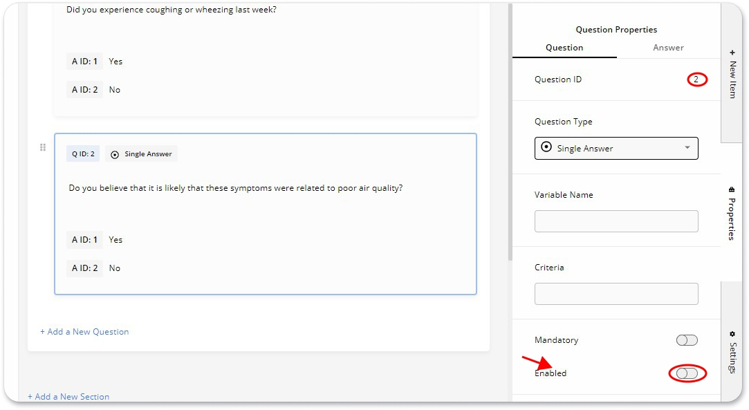 Disabling questions from Question Properties