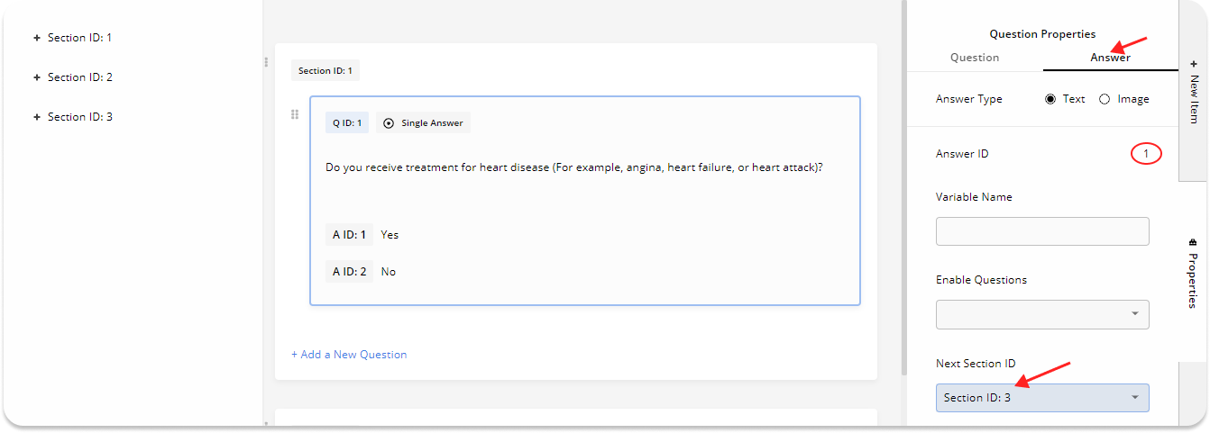 Changing the next section from Question Properties